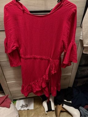 Ruffle-Hem Mini Dress with Tie Waist in hot pink